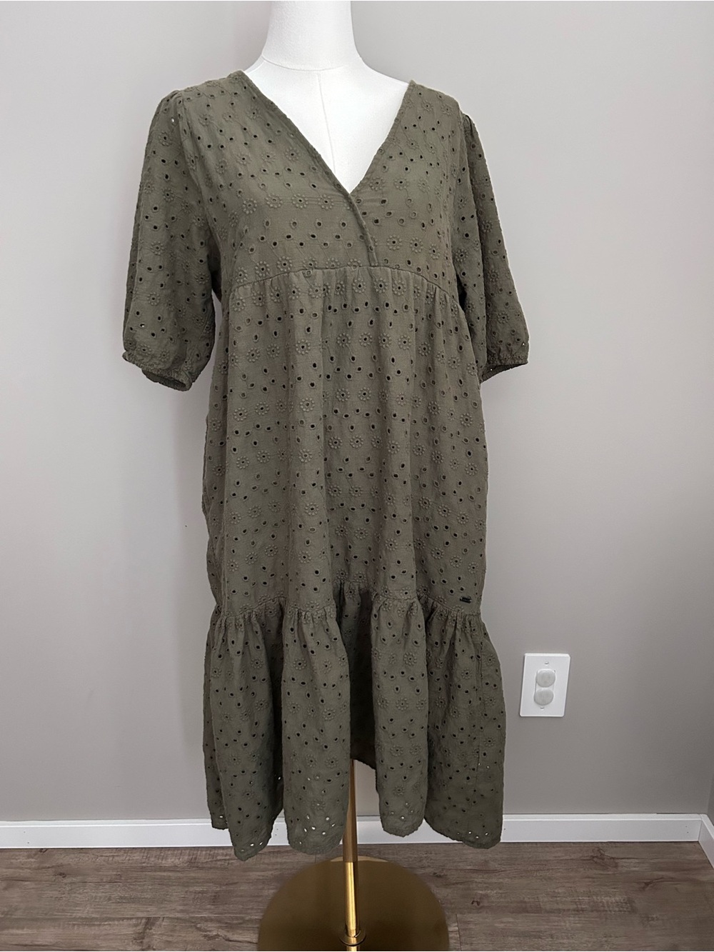 100% cotton V-Neck Eyelet Midi Dress in Olive earthy neutral summer pockets